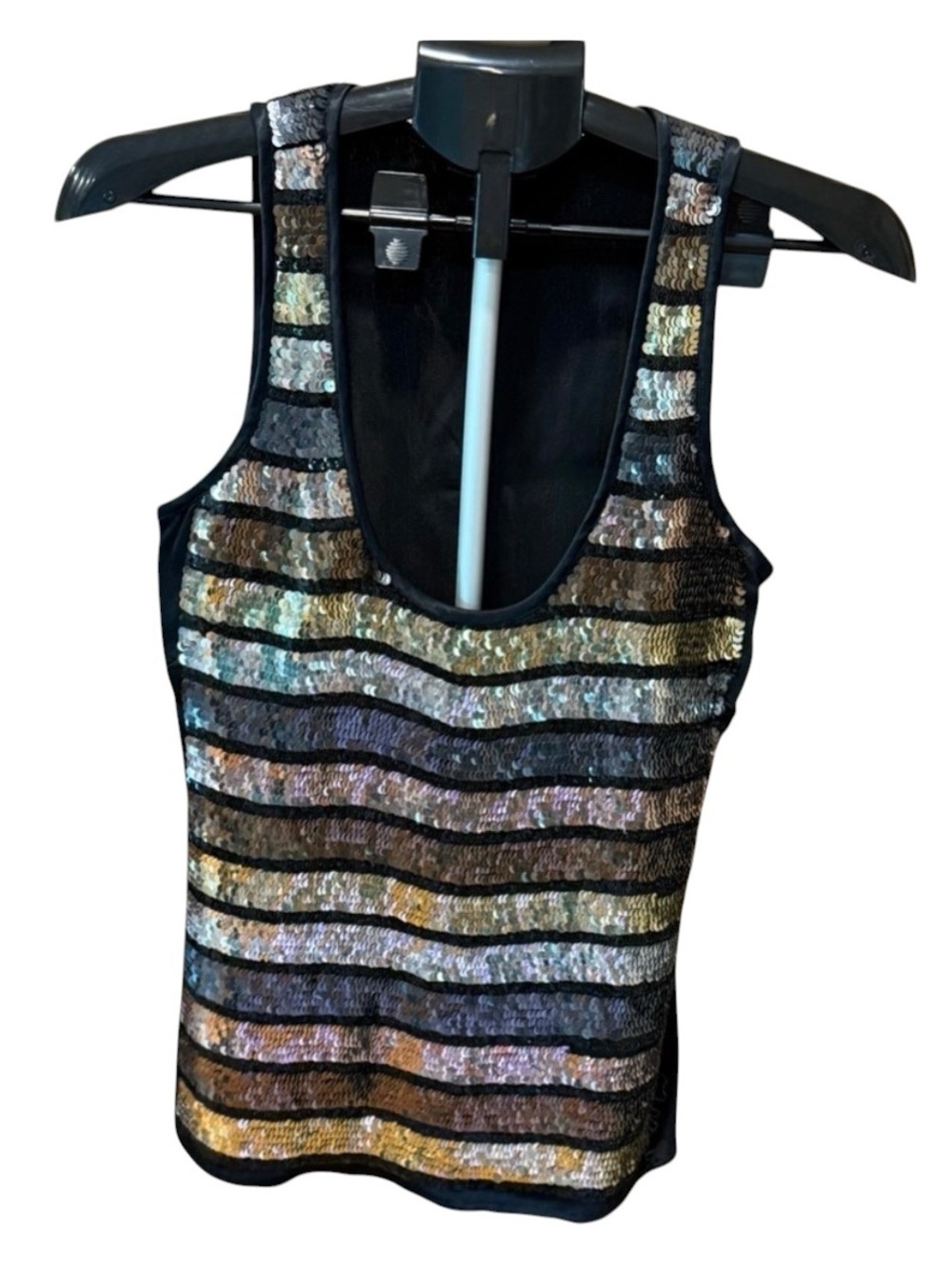 French Connection Iridescent Sequin Tank Top Black Striped Scoop Neck 6